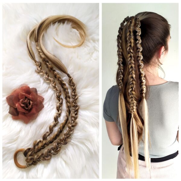 Synthetic Braid Ponytail Extension, brown blonde Braids on Elastic band, "GOLDEN SPIKELETS"