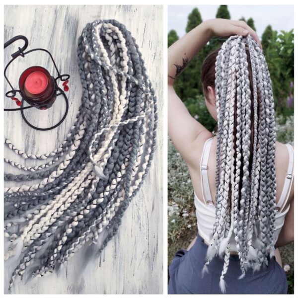 Wool Braids Extension, White Gray Wool Dreadlocks, Double Ended Braids, "GENTLE TOUCH"