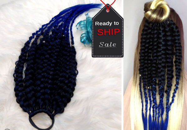 Synthetic Dreadlocks Braids Ponytail, black blue Braids On Elastic Band ” CORNFLOWER BLUE NIGHT “