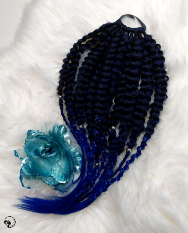 Synthetic Dreadlocks Braids Ponytail, black blue Braids On Elastic Band ” CORNFLOWER BLUE NIGHT “ - Image 4