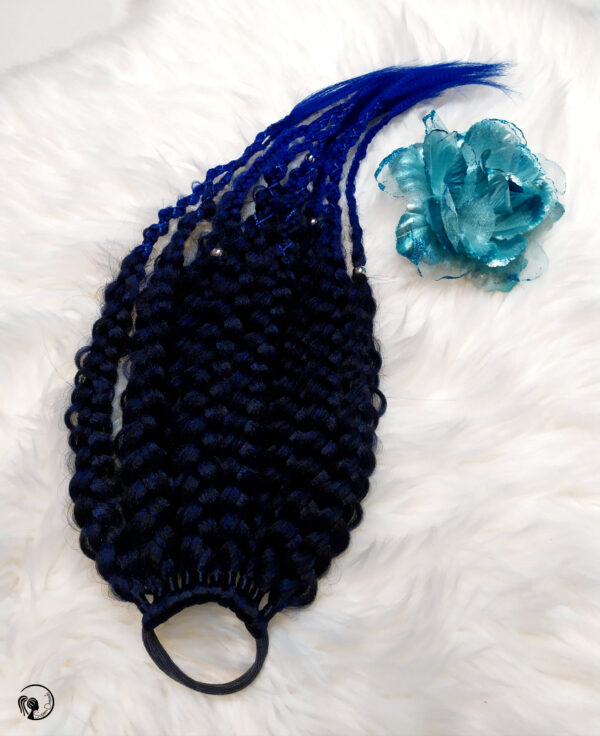 Synthetic Dreadlocks Braids Ponytail, black blue Braids On Elastic Band ” CORNFLOWER BLUE NIGHT “ - Image 2