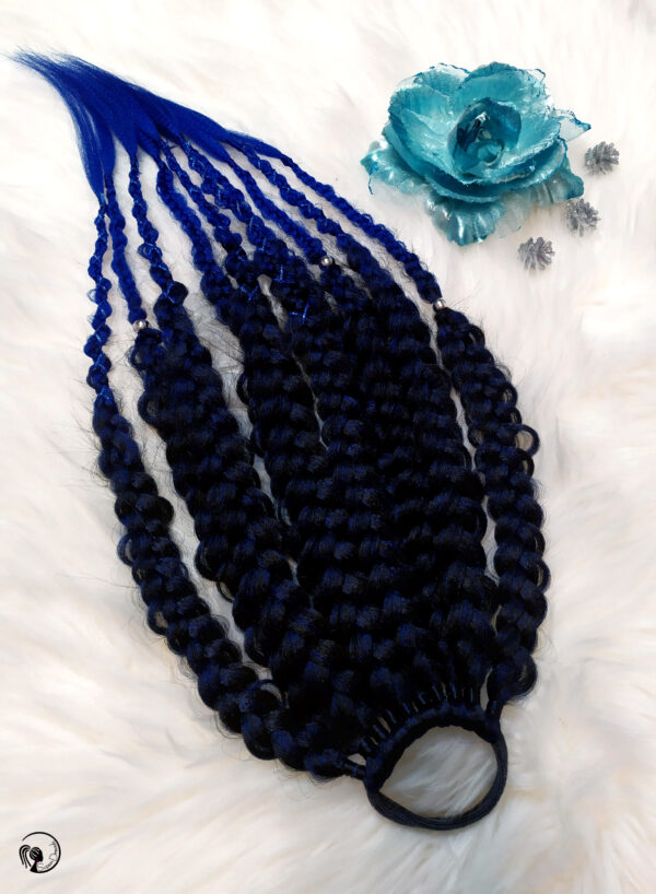 Synthetic Dreadlocks Braids Ponytail, black blue Braids On Elastic Band ” CORNFLOWER BLUE NIGHT “ - Image 5