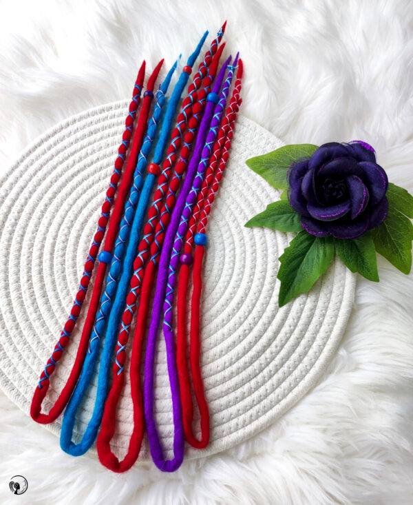 Accent Set Wool Dreadlocks, red purple blue Dreads Extension, Double Ended Dreadlocks, "PSYCHEDELIC DREAM" - Image 9