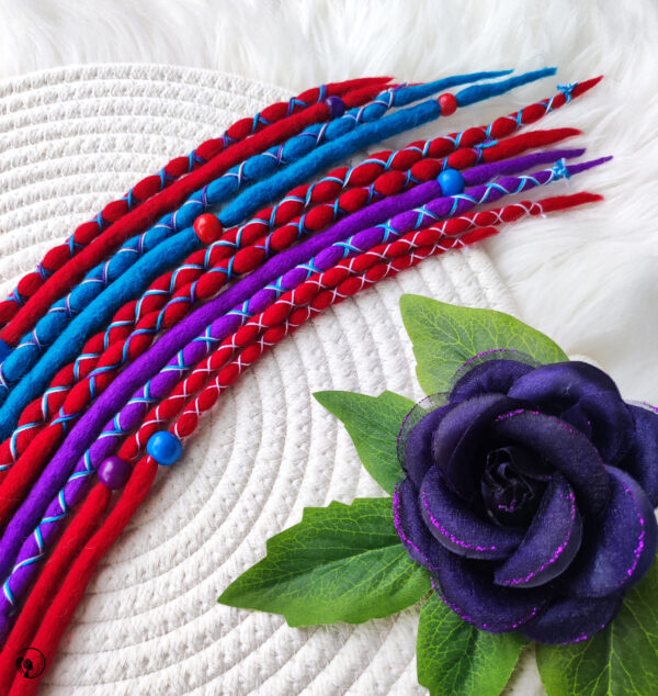 Accent Set Wool Dreadlocks, red purple blue Dreads Extension, Double Ended Dreadlocks, "PSYCHEDELIC DREAM" - Image 5