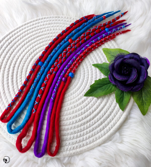 Accent Set Wool Dreadlocks, red purple blue Dreads Extension, Double Ended Dreadlocks, "PSYCHEDELIC DREAM" - Image 4