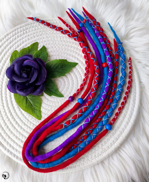 Accent Set Wool Dreadlocks, red purple blue Dreads Extension, Double Ended Dreadlocks, "PSYCHEDELIC DREAM" - Image 2