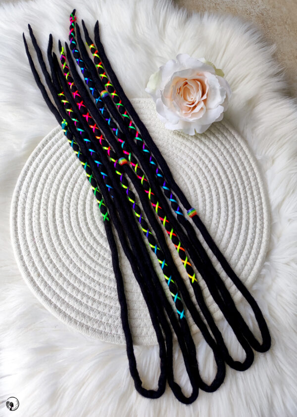 Accent Set Wool Dreadlocks, black neon rainbow Dreads Extension, Double Ended Dreadlocks, "NEON" - Image 2