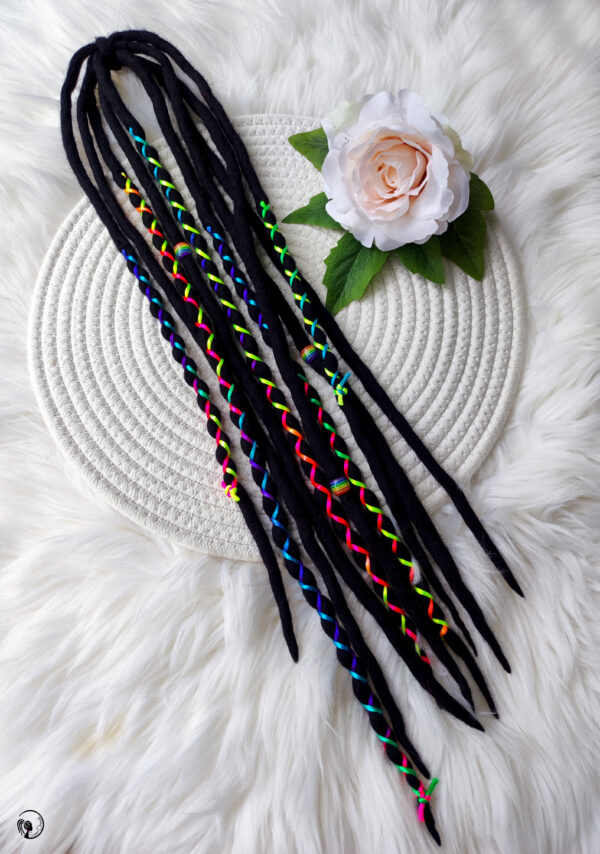 Accent Set Wool Dreadlocks, black neon rainbow Dreads Extension, Double Ended Dreadlocks, "NEON" - Image 8