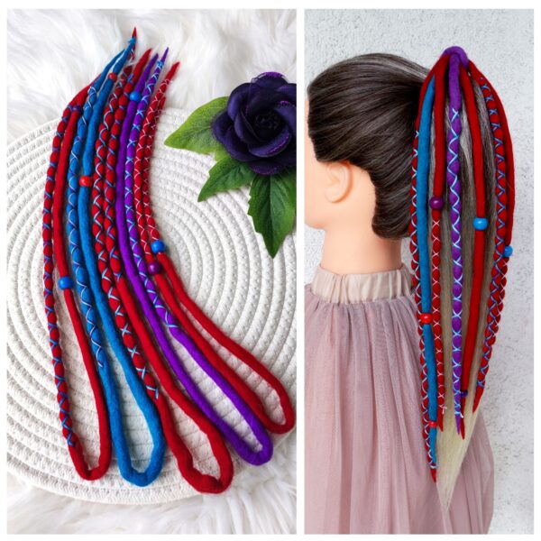 Accent Set Wool Dreadlocks, red purple blue Dreads Extension, Double Ended Dreadlocks, "PSYCHEDELIC DREAM"