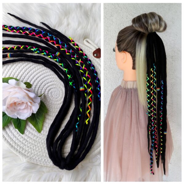 Accent Set Wool Dreadlocks, black neon rainbow Dreads Extension, Double Ended Dreadlocks, "NEON"