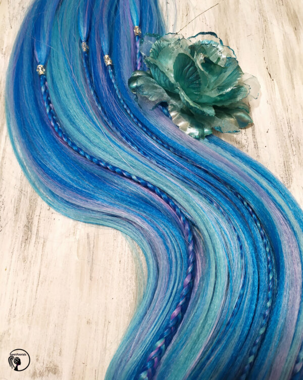 Ponytail Hair Extension with braids & beads, blue Hair on Elastic Band "BLUE MERMAID" - Image 8