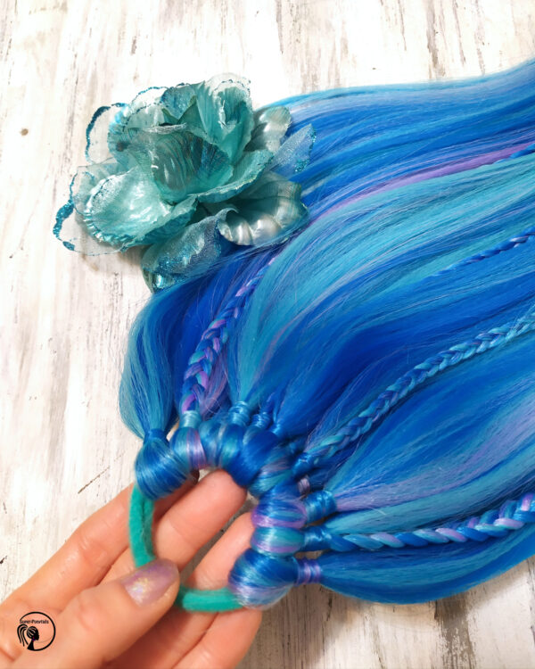 Ponytail Hair Extension with braids & beads, blue Hair on Elastic Band "BLUE MERMAID" - Image 6