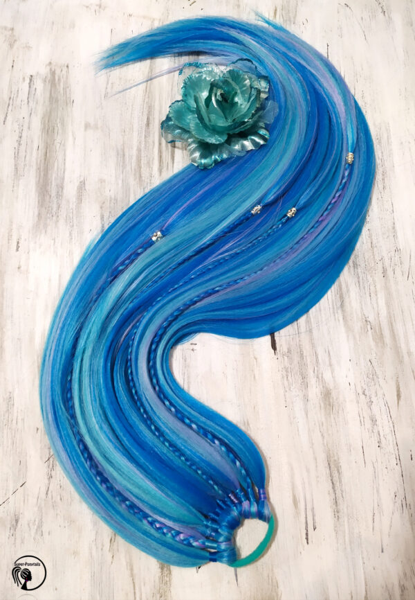 Ponytail Hair Extension with braids & beads, blue Hair on Elastic Band "BLUE MERMAID" - Image 5