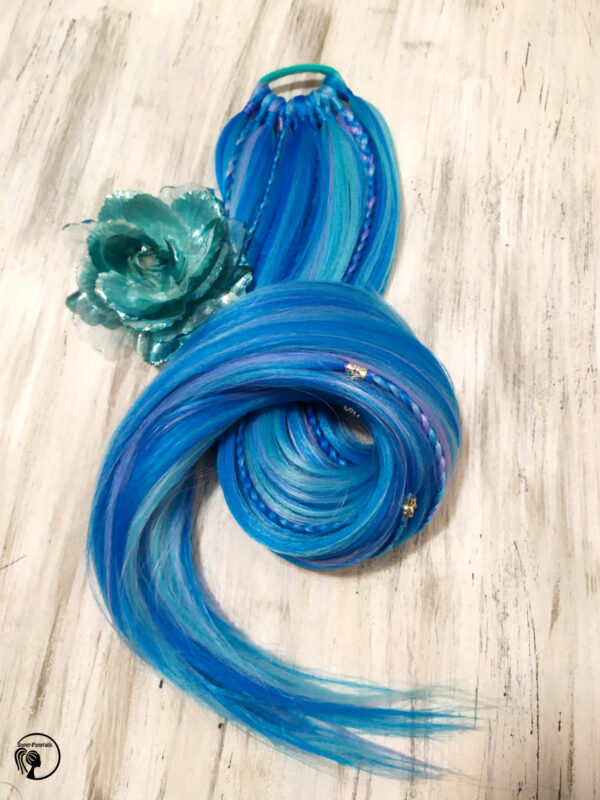 Ponytail Hair Extension with braids & beads, blue Hair on Elastic Band "BLUE MERMAID" - Image 7