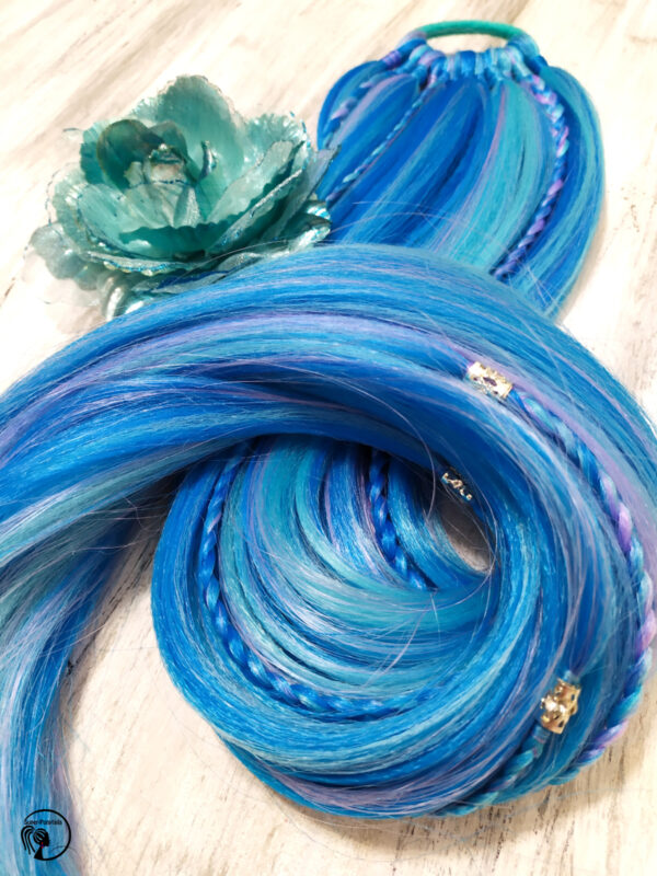 Ponytail Hair Extension with braids & beads, blue Hair on Elastic Band "BLUE MERMAID" - Image 3