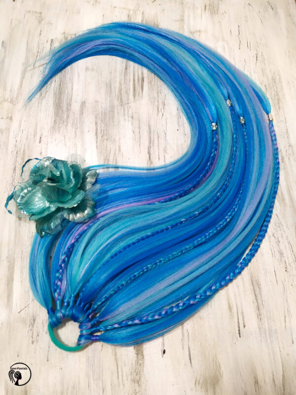 Ponytail Hair Extension with braids & beads, blue Hair on Elastic Band "BLUE MERMAID"