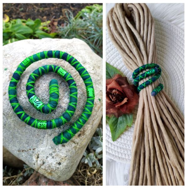 Spiral Locks for Dreadlocks, Dreads, and Braids, green Wolly Wired Bendable Tie, "MEADOW"