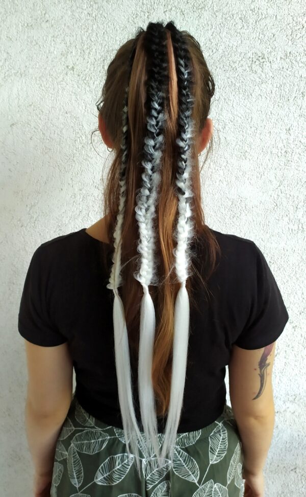 Synthetic Braid Ponytail Extension, black white Braids on Elastic band, "BLACK-WHITE SPIKELETS" - Image 10