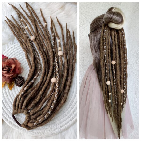 Wool Dreadlock Ponytail Extension, brown Dreads on Elastic Band, Dread Hairpiece "BROWN UMBRA"