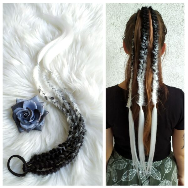 Synthetic Braid Ponytail Extension, black white Braids on Elastic band, "BLACK-WHITE SPIKELETS"