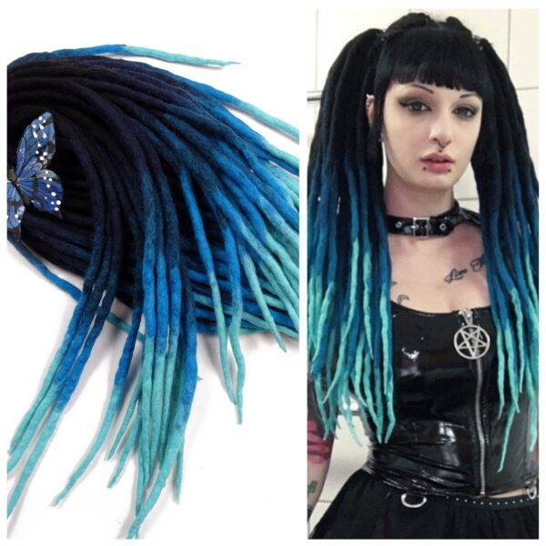 Wool Dreadlocks Extension, Double Ended black blue Dreads "BLUE AQUARIUS"